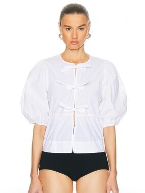 Ganni White Tie-Front Puff Sleeve Peplum Blouse